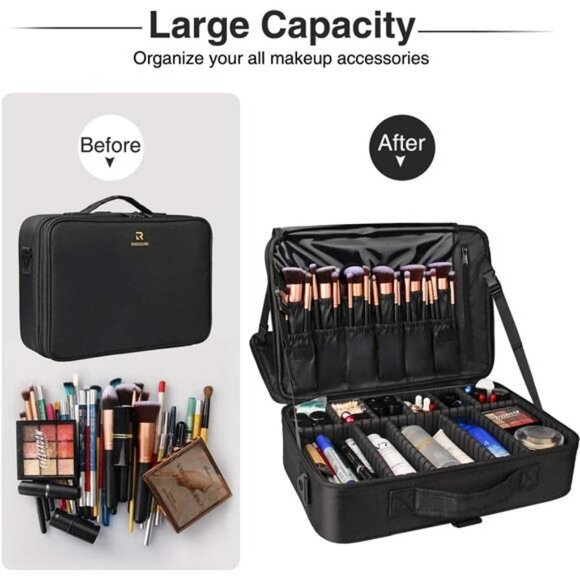 Large Makeup Train Case Travel Organizer Waterproof Cosmetic Bag With Strap - Picture 4 of 7